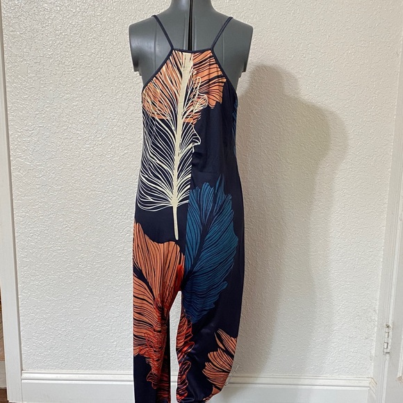 Navy Jumpsuit with Orange Leaf Print - Picture 2 of 3
